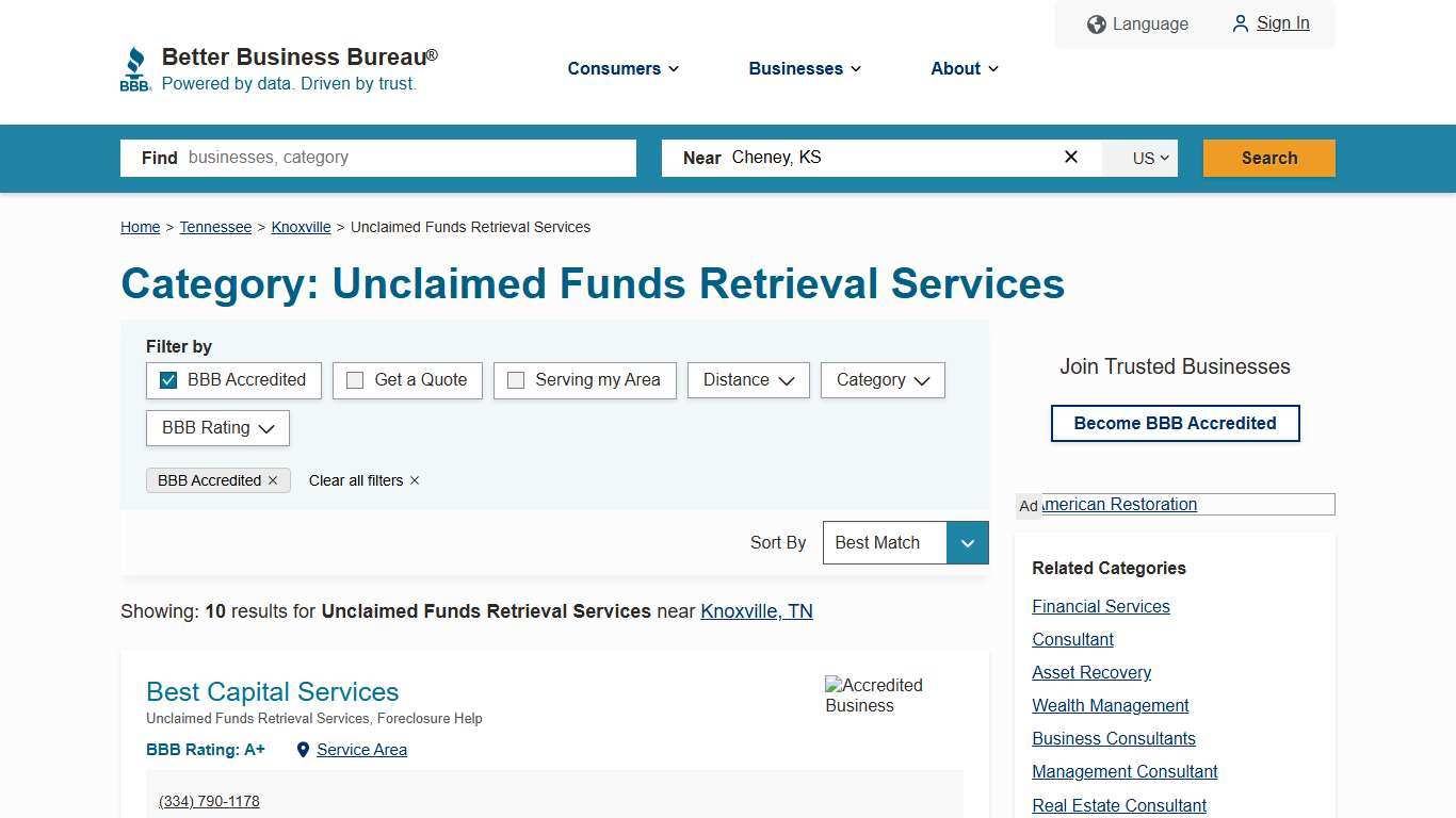 BBB Accredited Unclaimed Funds Retrieval Services near Knoxville, TN Better Business Bureau